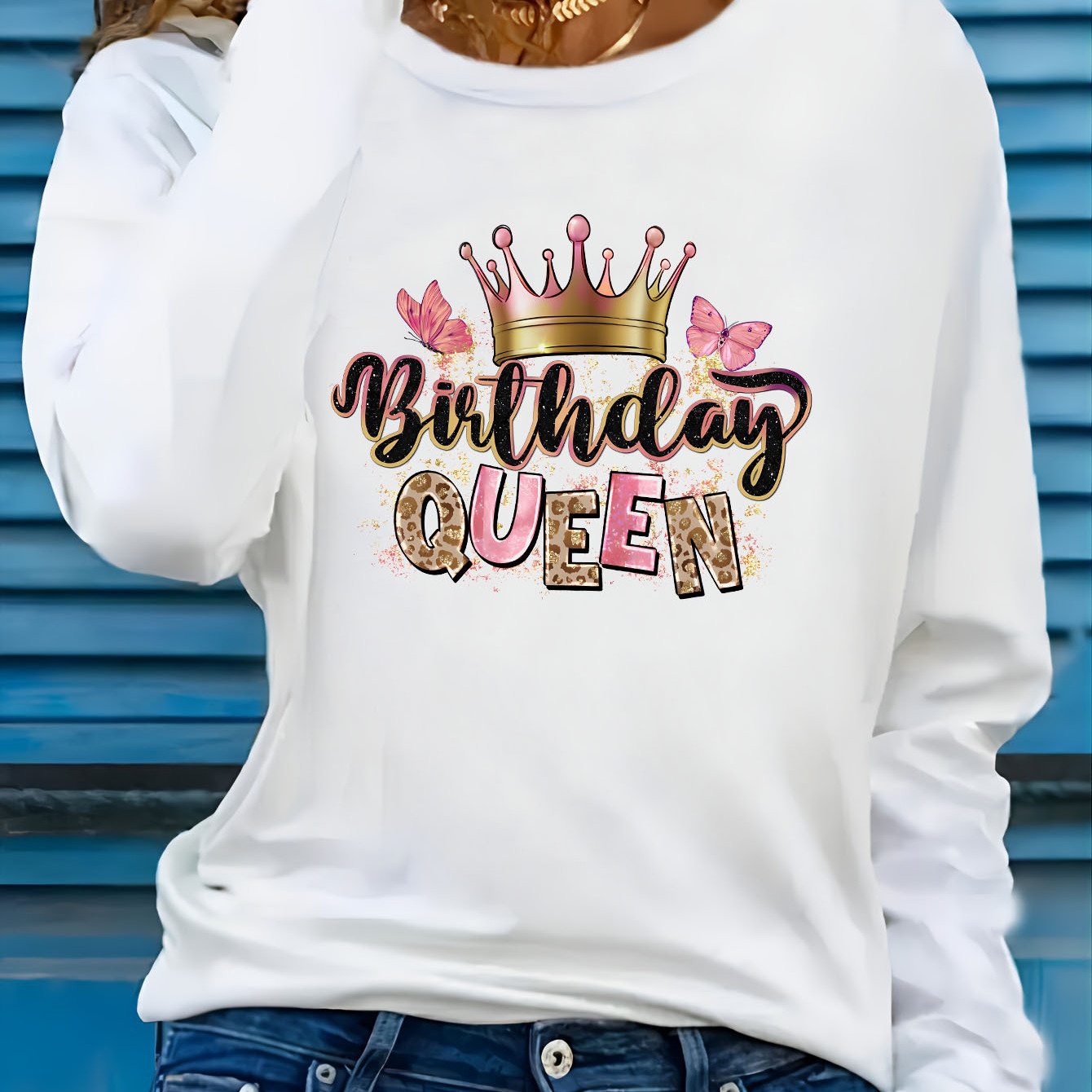 

Women's Birthday Queen Long Sleeve T-shirt, Polyester 95% Spandex 5% Knit Fabric, Crew Neck Casual Top With Cartoon Print, All Fashion, 190g/m² -