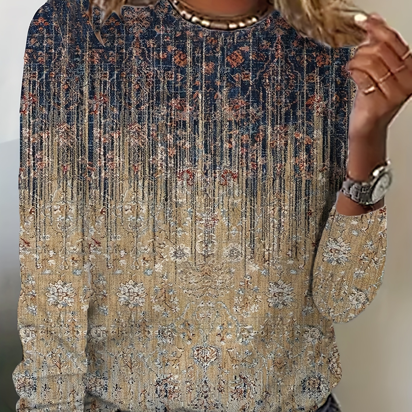 

Floral Neck T-shirt, Casual Long Sleeve T-shirt For Spring & Fall, Women's Clothing