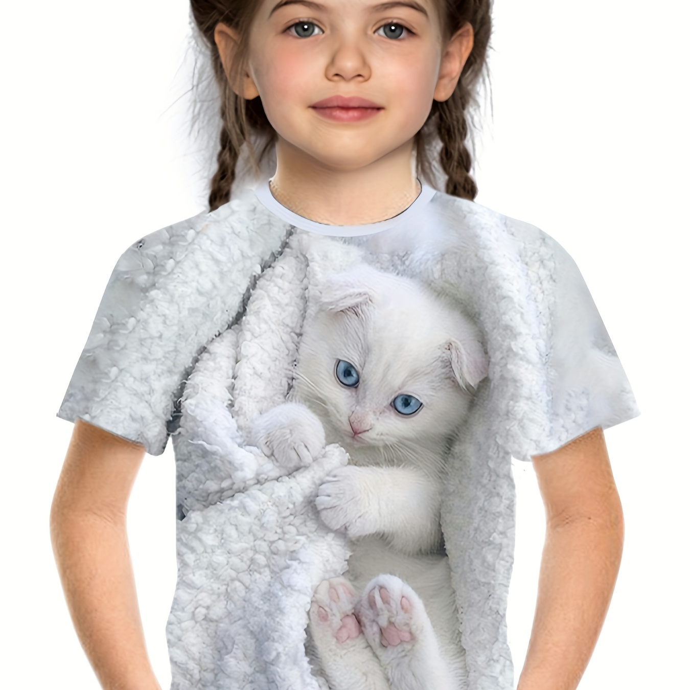 

Lovely Cat Print Short Sleeve T-shirt Girls Comfy Tees Summer Clothes Party Gift