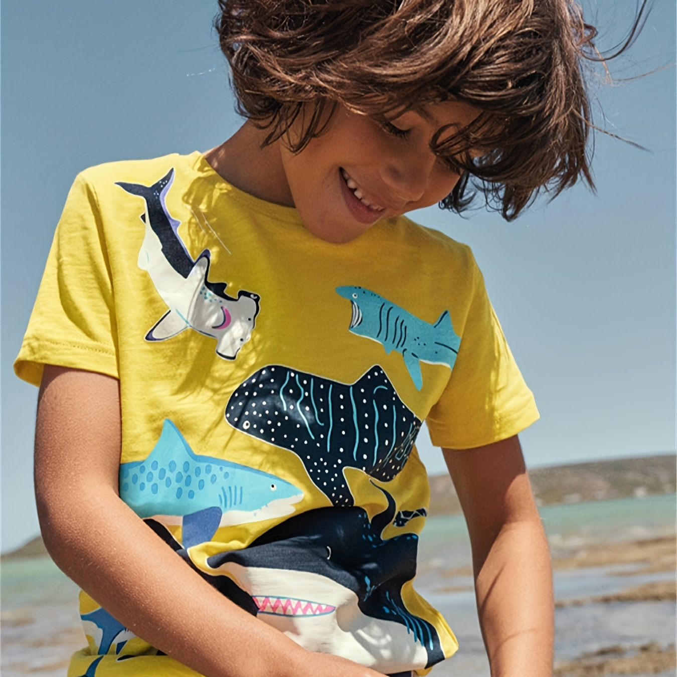 

Trendy Luminous Shark Print Boys Creative T-shirt, Casual Lightweight Comfy Short Sleeve Tee Tops, Kids Clothings For Summer