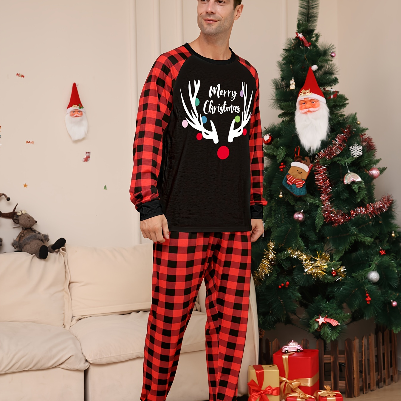 Men's Trendy Casual Pajamas Sets, Splicing Antlers Print Long Sleeve Crew Neck Top & Loose Trendy Plaid Loose Stretchy Elastic Waist Pants Lounge Wear