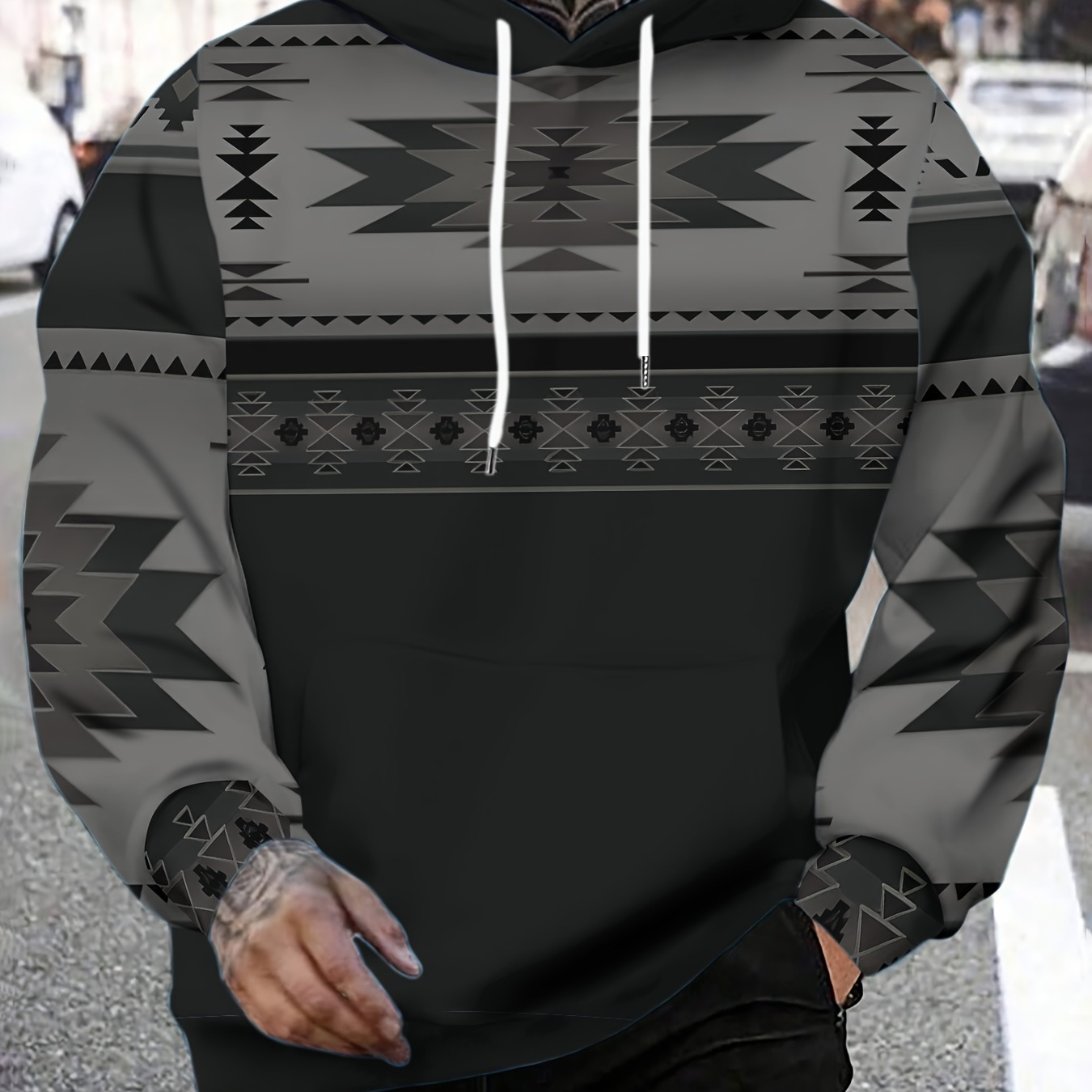 

Men's Casual Tribal Style Hoodie With Printed Pattern, Long Sleeve, Regular Fit, Knit Fabric, Polyester 100% - Streetwear Outdoor Sweatshirt For Fall And Winter