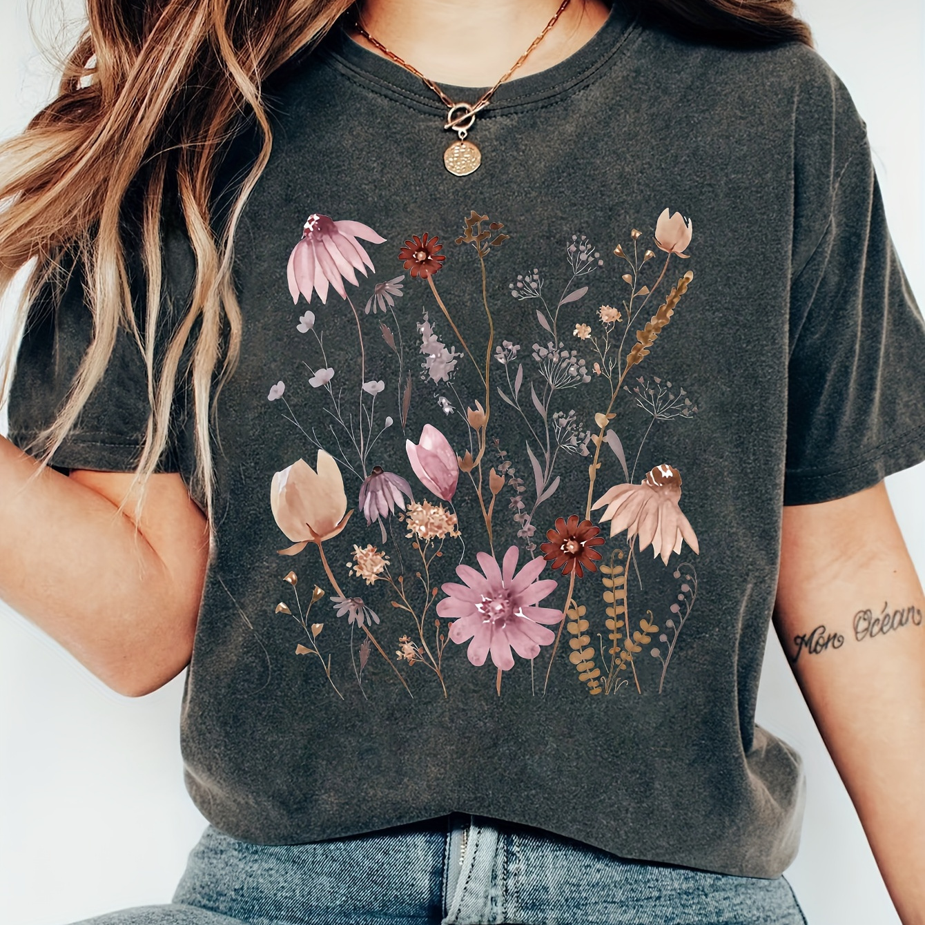 

Floral Print Crew Neck T-shirt, Short Sleeve Casual Top For Spring & Summer, Women's Clothing