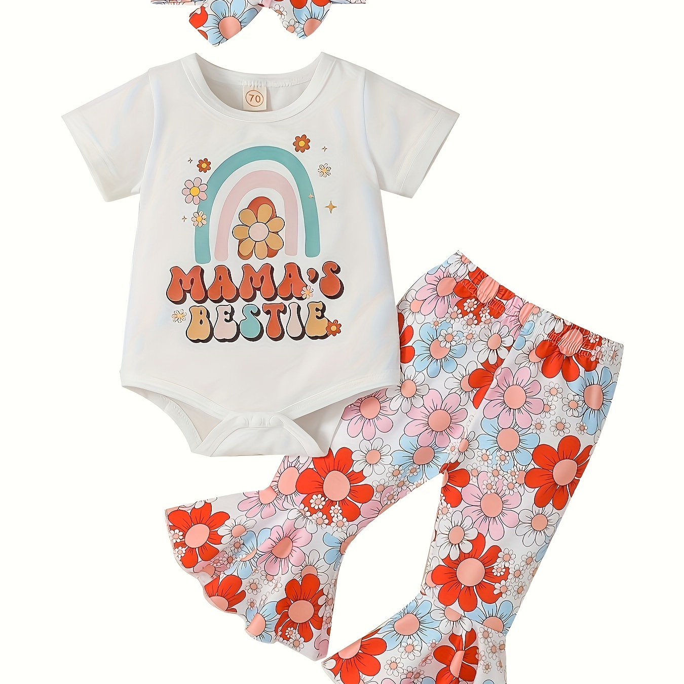 

Baby Girls 0-18 Months Flower Rainbow Romper And Flared Pants Outfit Clothing Sets
