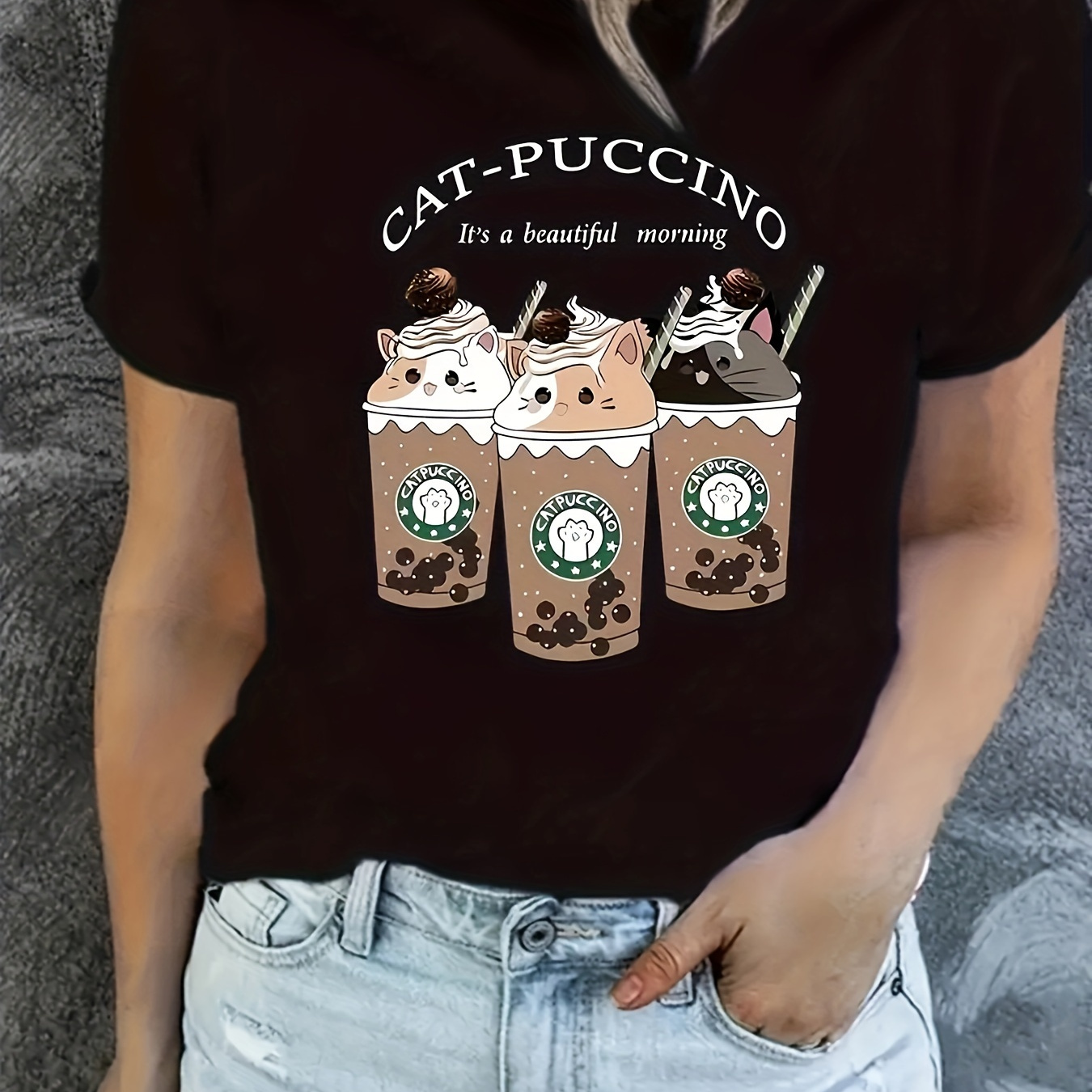 

Cat-puccino Print T-shirt, Short Sleeve Crew Neck Casual Top For Summer & Spring, Women's Clothing