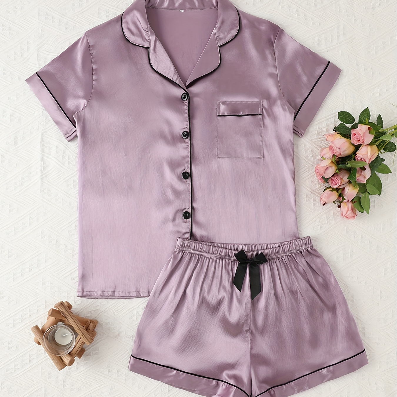 

Solid Satin Pajama Set, Casual Short Sleeve Button Up Lapel Collar Top & Bow Shorts, Women's Sleepwear & Loungewear