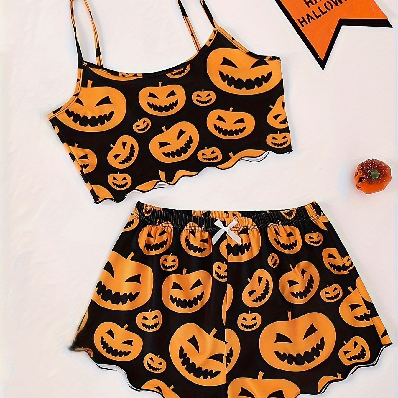 

Women's Allover Jack-o-lantern Print Frill Trim Sexy Pajama Set For Halloween, Round Neck Backless Crop Cami Top & Shorts, Comfortable Relaxed Fit