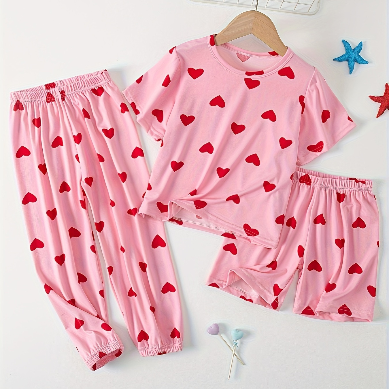 

Cute Sister Outfit, 3 Pcs Girl's Casual Underwear Set, Cute Heart Print Short Sleeve T-shirt & Shorts& Long Pants, Comfy & Skin-friendly Set, As Daily Gift