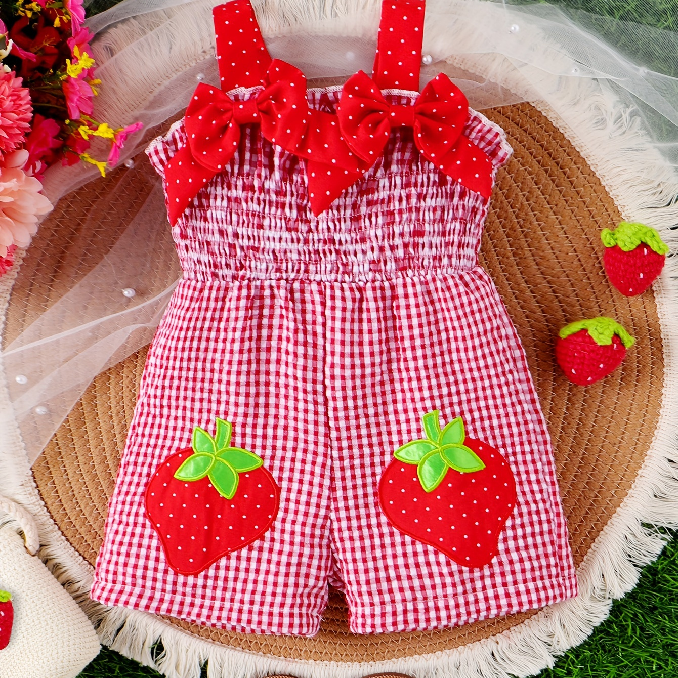 

Baby's Lovely Strawberry Embroidered Shirred Bodysuit, Trendy Bowknot Decor Gingham Sleeveless Romper, Toddler & Infant Girl's Onesie For Summer, As Gift