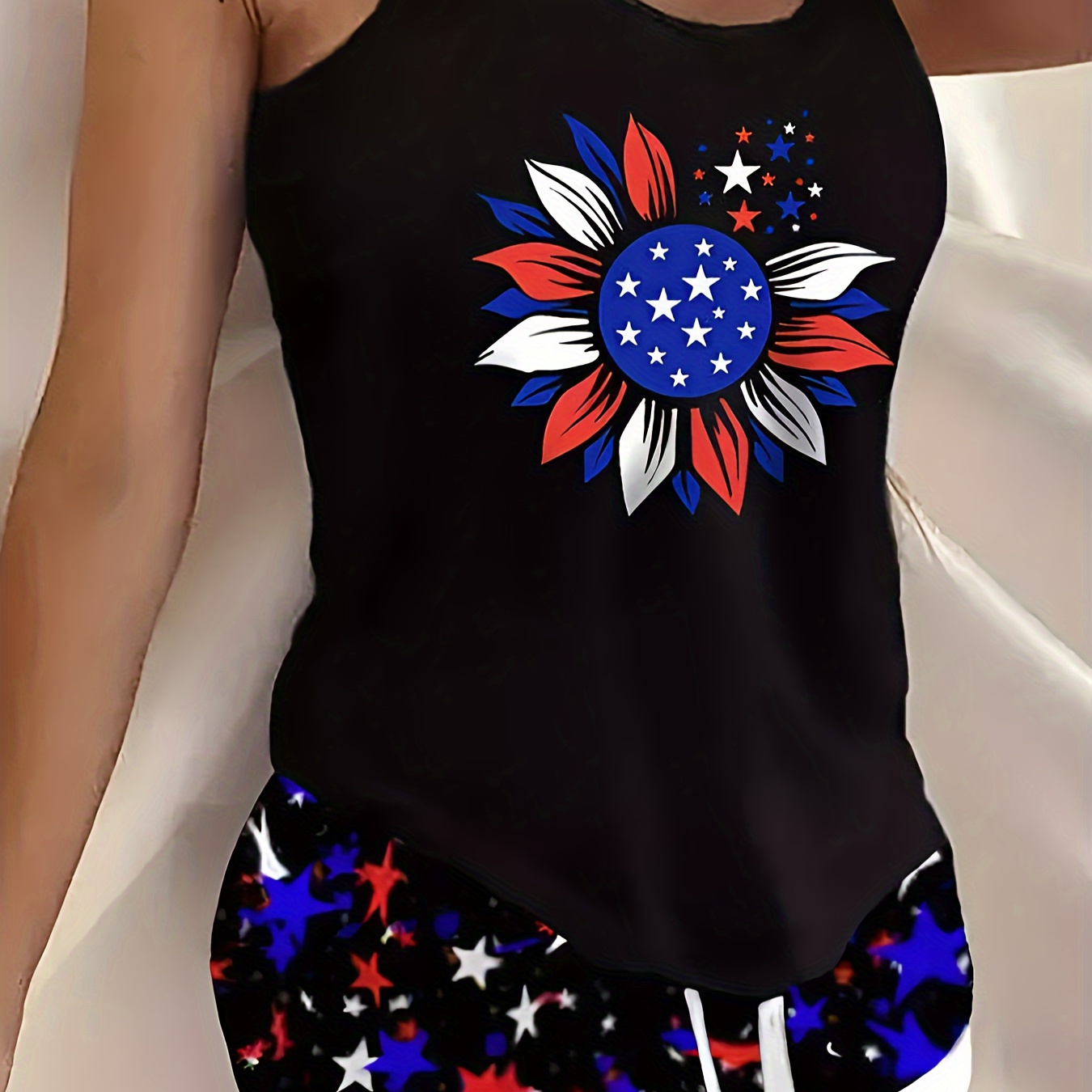 

Casual Star Print Shorts Set, Sunflower Print Tank Top & Drawstring Shorts Outfits, Women's Clothing