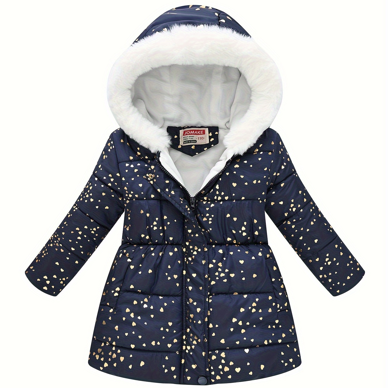 

1pc Jomake Girls' Fashion Printed Quilted Jacket With Faux Fur Hood, Long Sleeve Zip-up Casual Outerwear For Autumn/winter, 100% Polyester