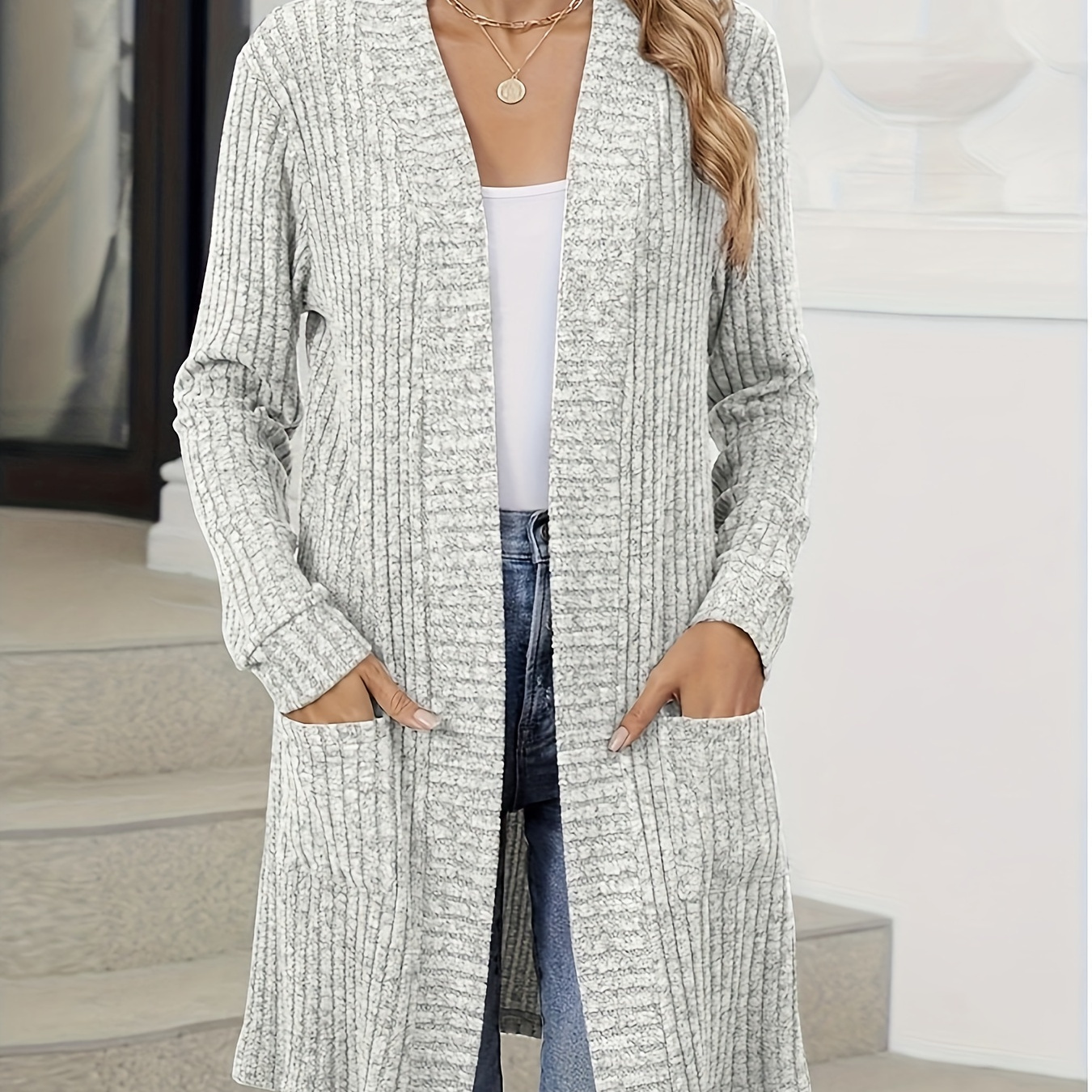 

Women's Casual Long Sleeve Knit Polyester Cardigan With Pockets - Solid Color Crew Neck Open Front Sweater Jacket