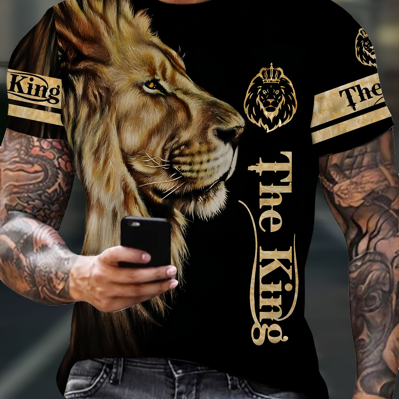 

Men' Lion Graphic Tee - 3d Printed, Casual & Outdoor Sports Short Sleeve T-shirt With "" & , Polyester, Machine Washable, Lion T Shirt