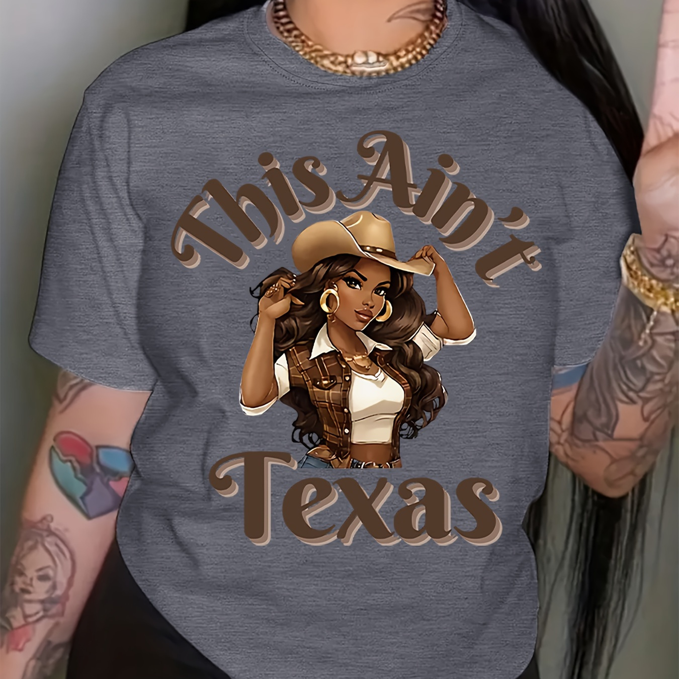 

Plus Size Cowgirl Print T-shirt, Casual Crew Neck Short Sleeve Top For Spring & Summer, Women's Plus Size Clothing