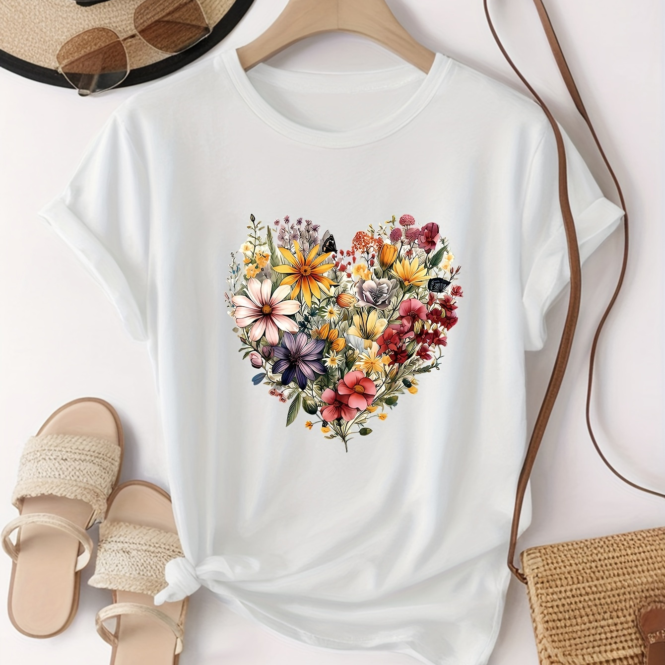 

Women's Plus Size Floral Heart Graphic Tee - Casual Crew Neck, Short Sleeve, Stretchy Polyester , Machine Washable