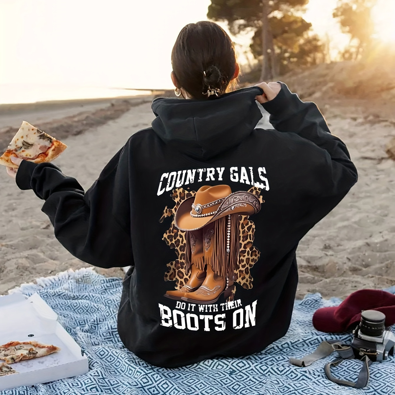 

Western Cowgirl Graphic Hoodie - Casual Plus Size Pullover With Kangaroo Pocket, Polyester, Machine Washable - Fall & Winter