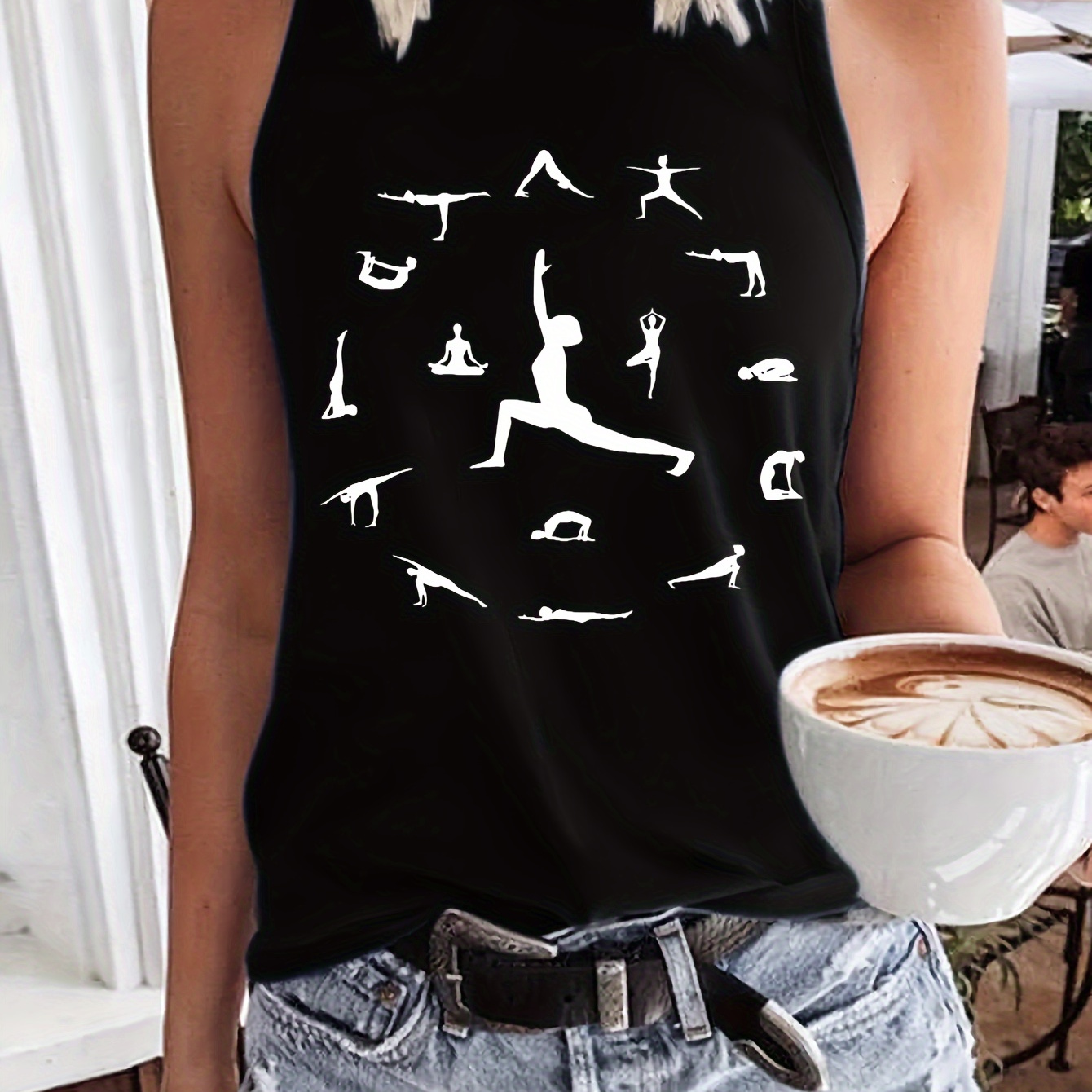 

Women's Yoga Poses Graphic Tank Top - Polyester , Casual Crew Neck Sleeveless Vest With Applique, Medium Stretch Knit Fabric For Spring/summer/fall