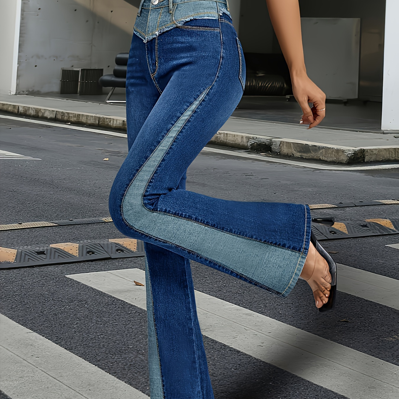 

Women's High-waisted Patchwork Color Block Flare Jeans, Street Style, Stretchy Denim Bell-bottoms, Chic Fashion Pants For Fall