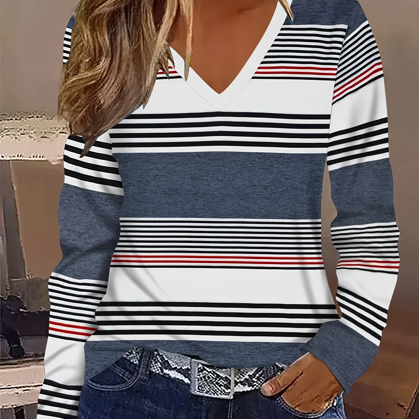 

Elegant Striped V-neck Long Sleeve T-shirt For Women - Casual & Sporty Top, Fall/winter, Machine Washable, Polyester & Spandex