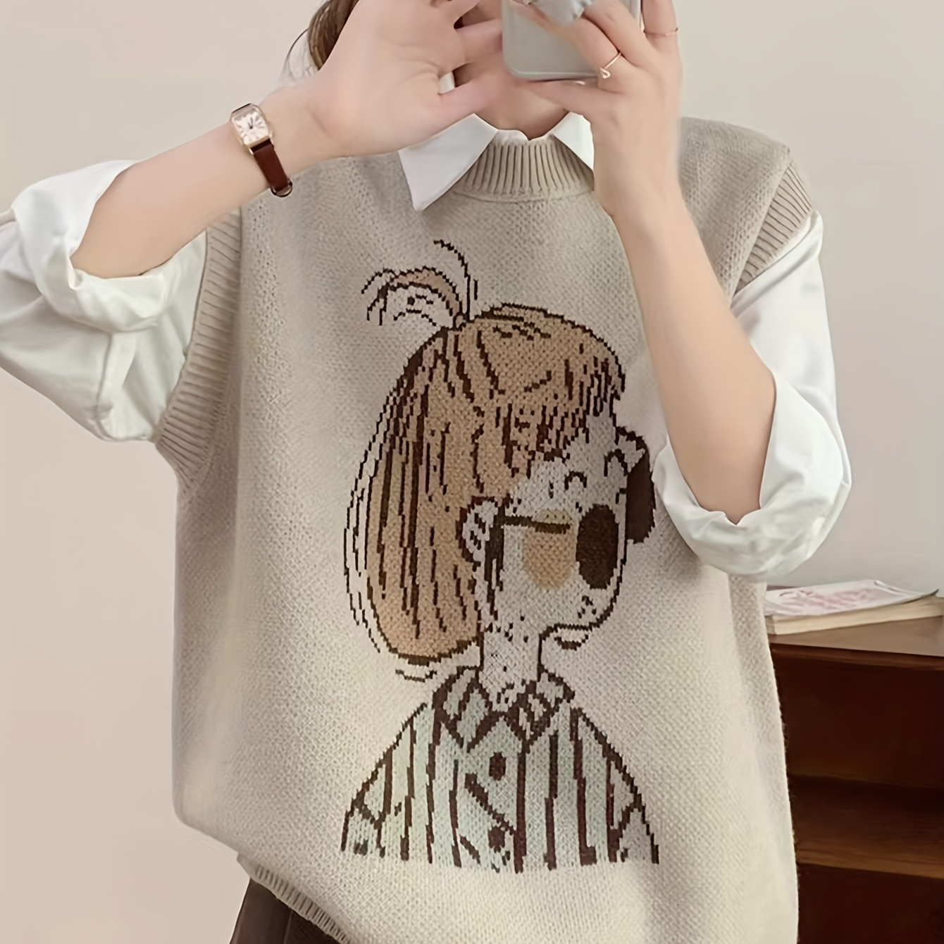 

Cartoon Girl Pattern Sleeveless Vest, Casual Crew Neck Rib Knit Sweater Vest For Fall, Women's Clothing