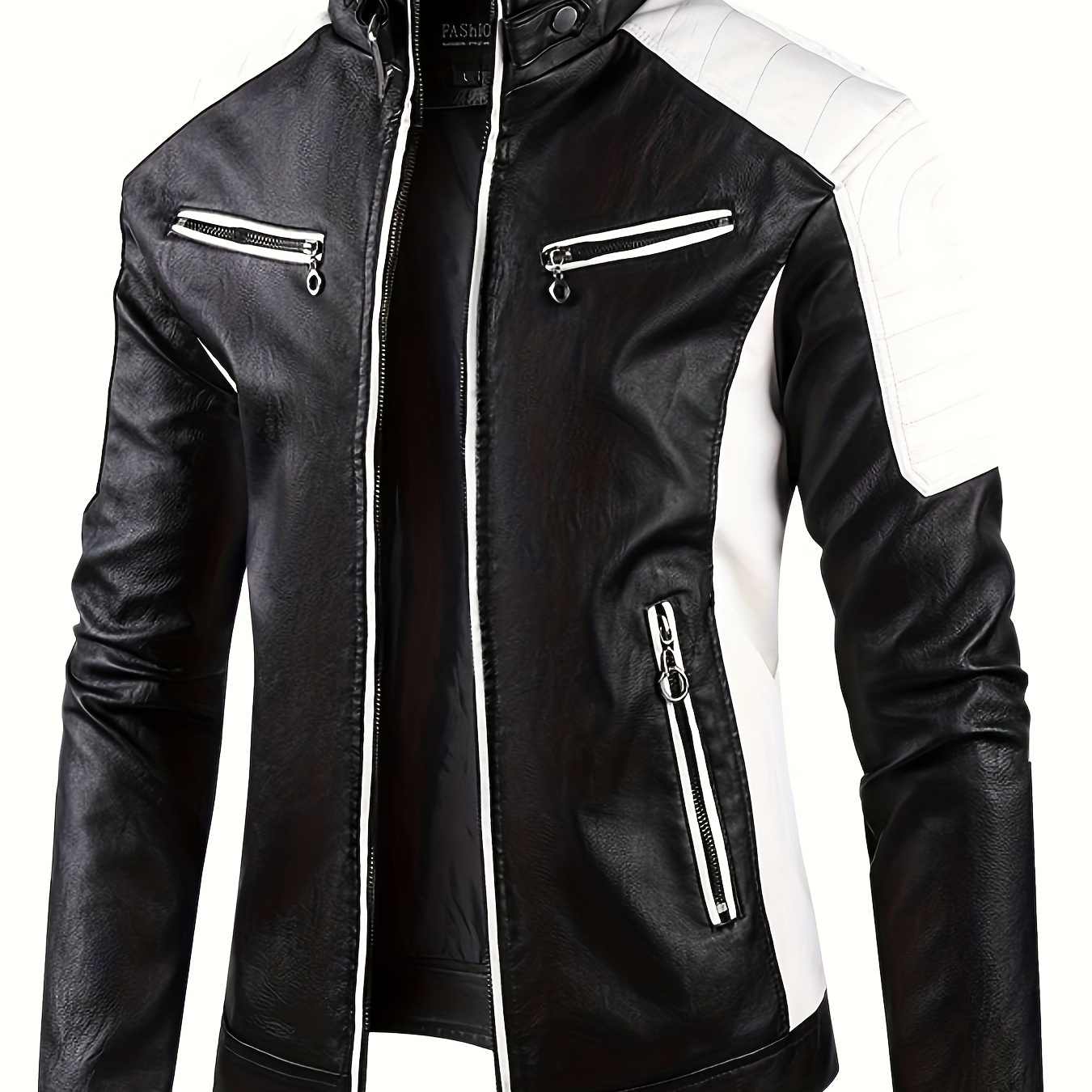 

Men's Pu Leather Color Block Jacket With Multi Zipper Pockets, Casual Stand Collar Slim-fit Zip Up Long Sleeve Jacket For Outdoor
