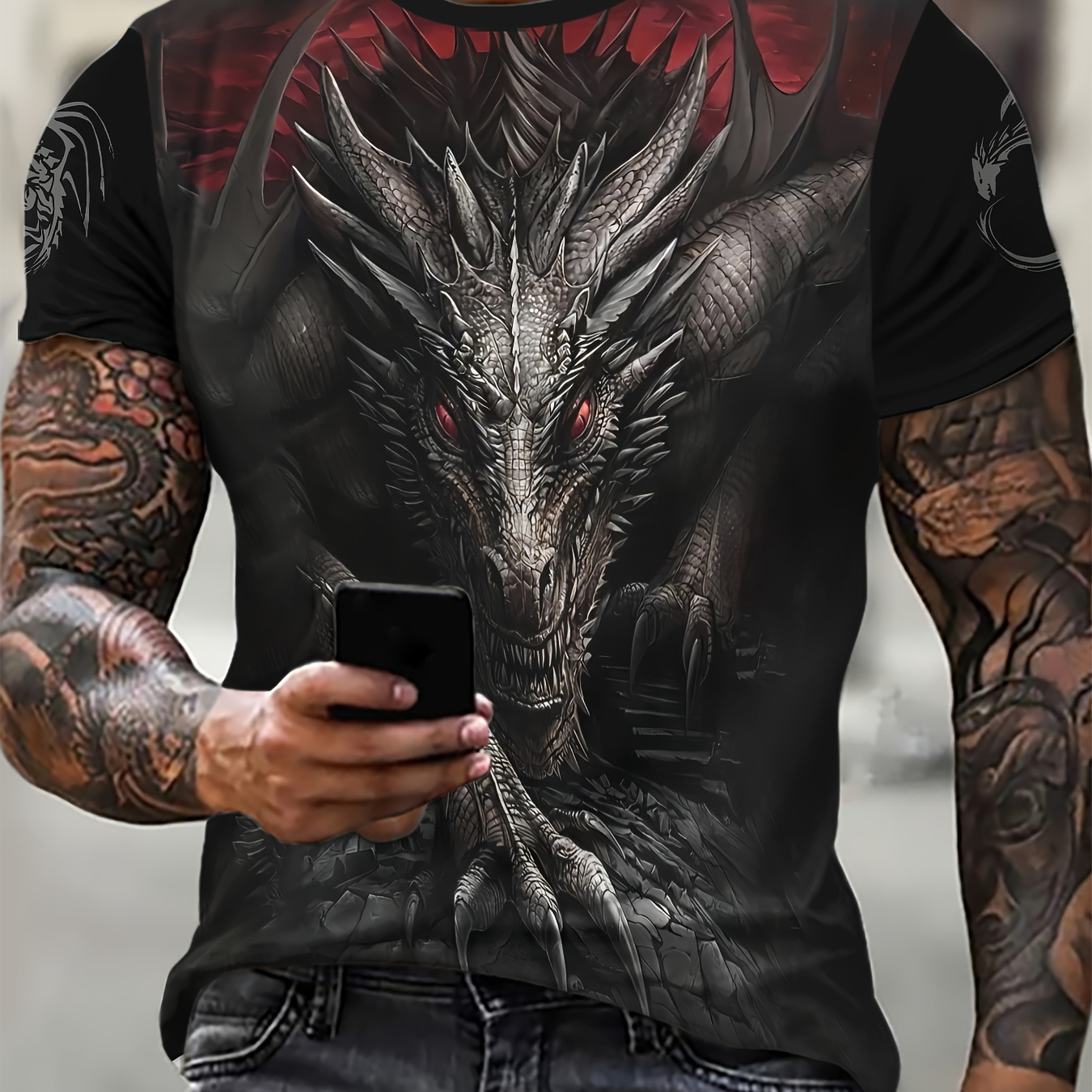 

Plus Size Men's 3d Dragon T-shirt For Summer, Trendy Casual Short Sleeve Tees For Big & Tall Males