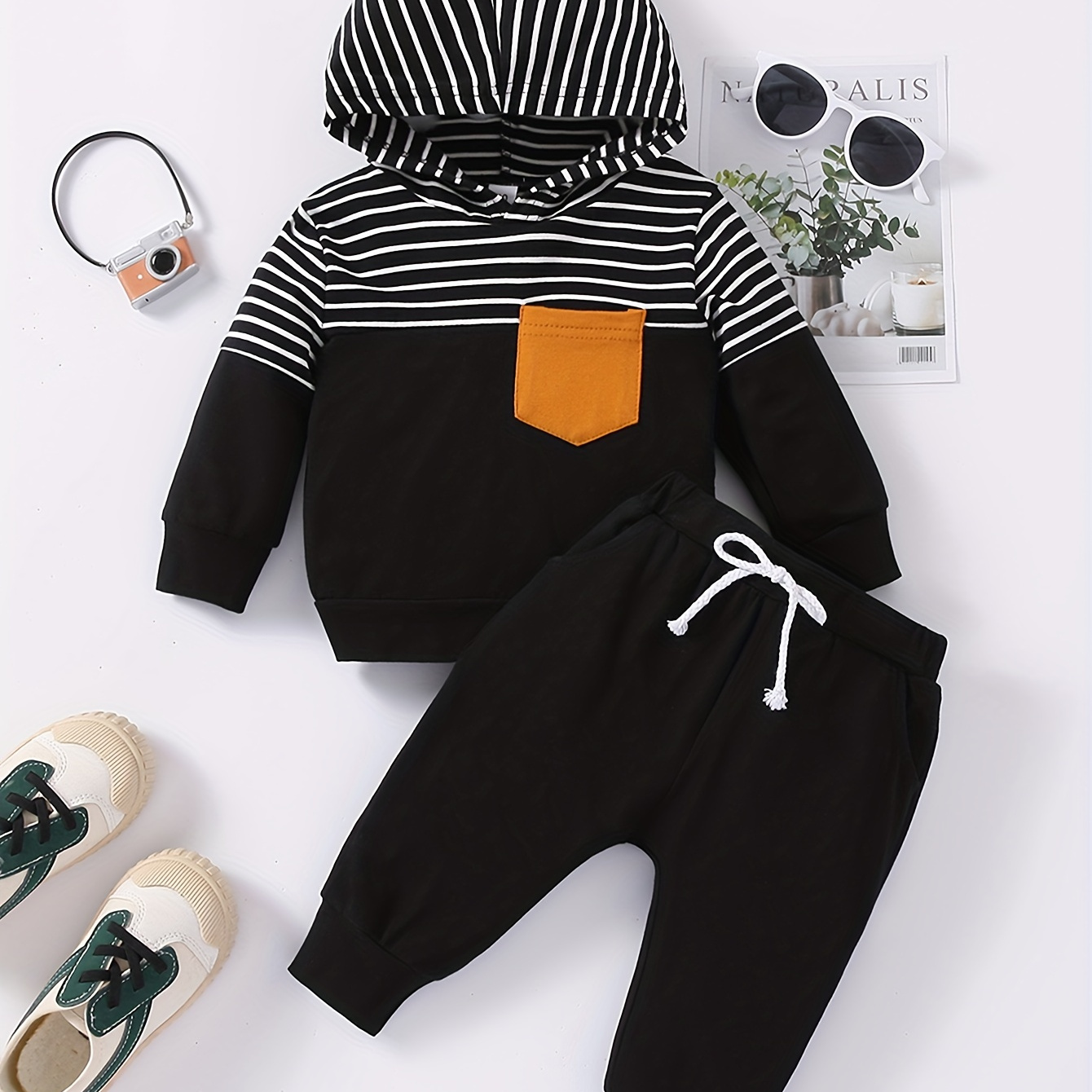 

Stripe Paneled Hoodie With Pocket, Hoodies For Baby Boys, Casual Sweatshirt Set, Long Sleeves Pullover Sweatshirt Top Trousers 2pcs Outfit