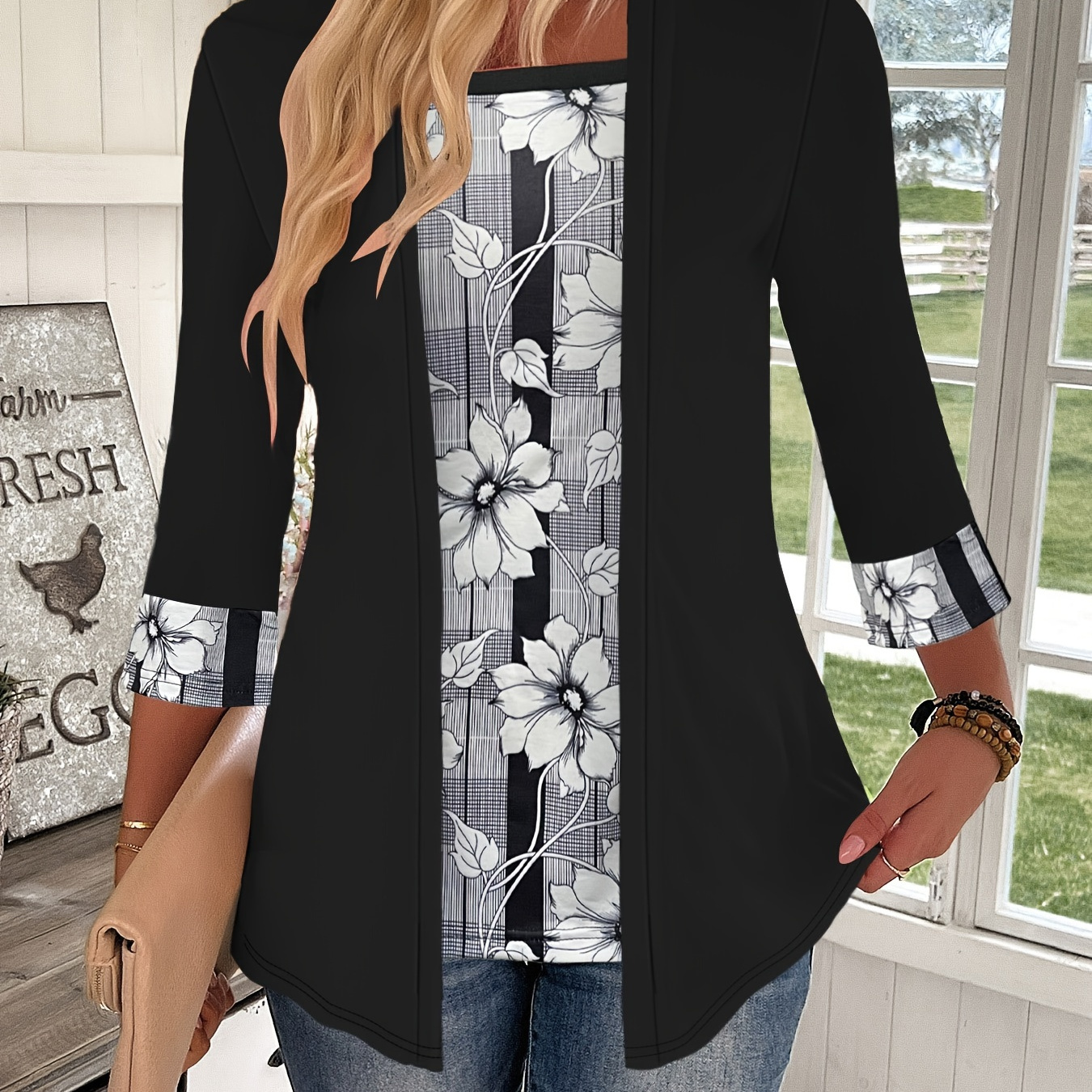 

2 In 1 Plus Size Floral Print T-shirt, Casual Square Neck 3/4 Sleeve T-shirt, Women's Plus Size clothing