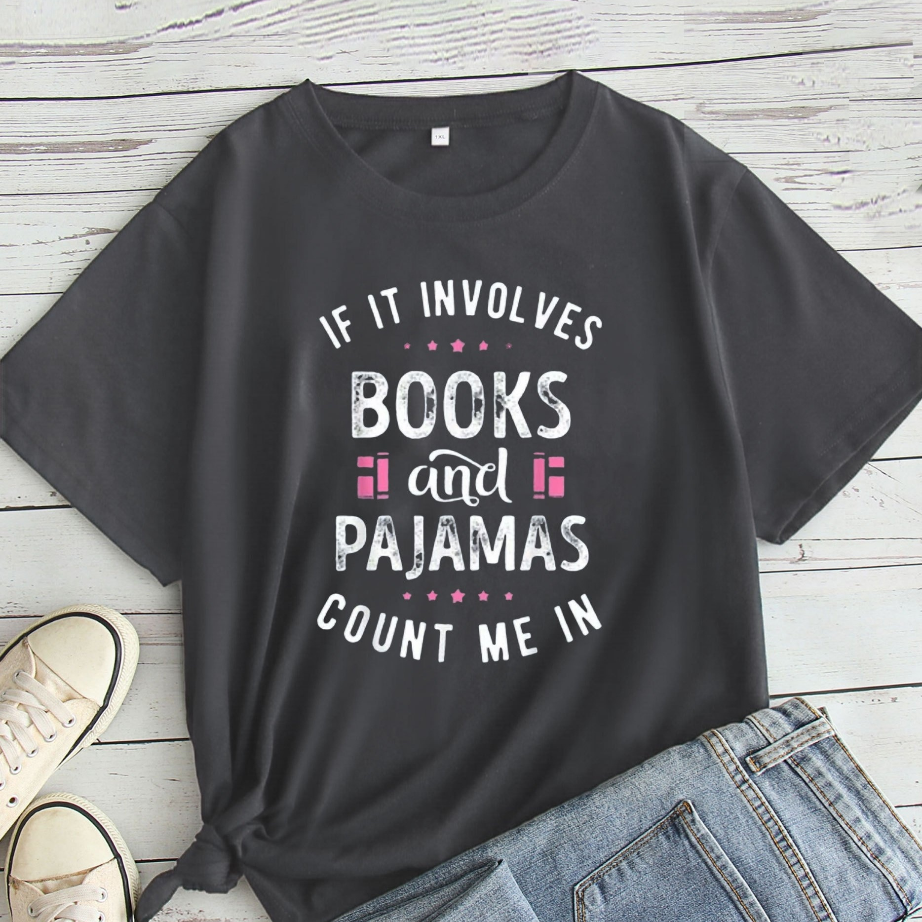 

Plus Size Books Letter Print T-shirt, Casual Short Sleeve Crew Neck Top For Spring & Summer, Women's Plus Size Clothing