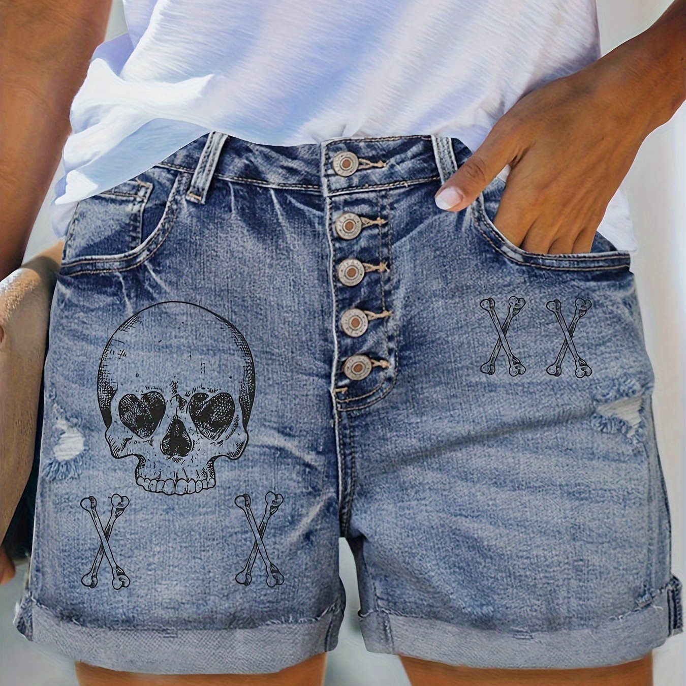 

Women's Plus Size Single-breasted Denim Shorts, Skull Print With Distressed Hem And Whiskers, Casual Style, High-waisted With Button Fly