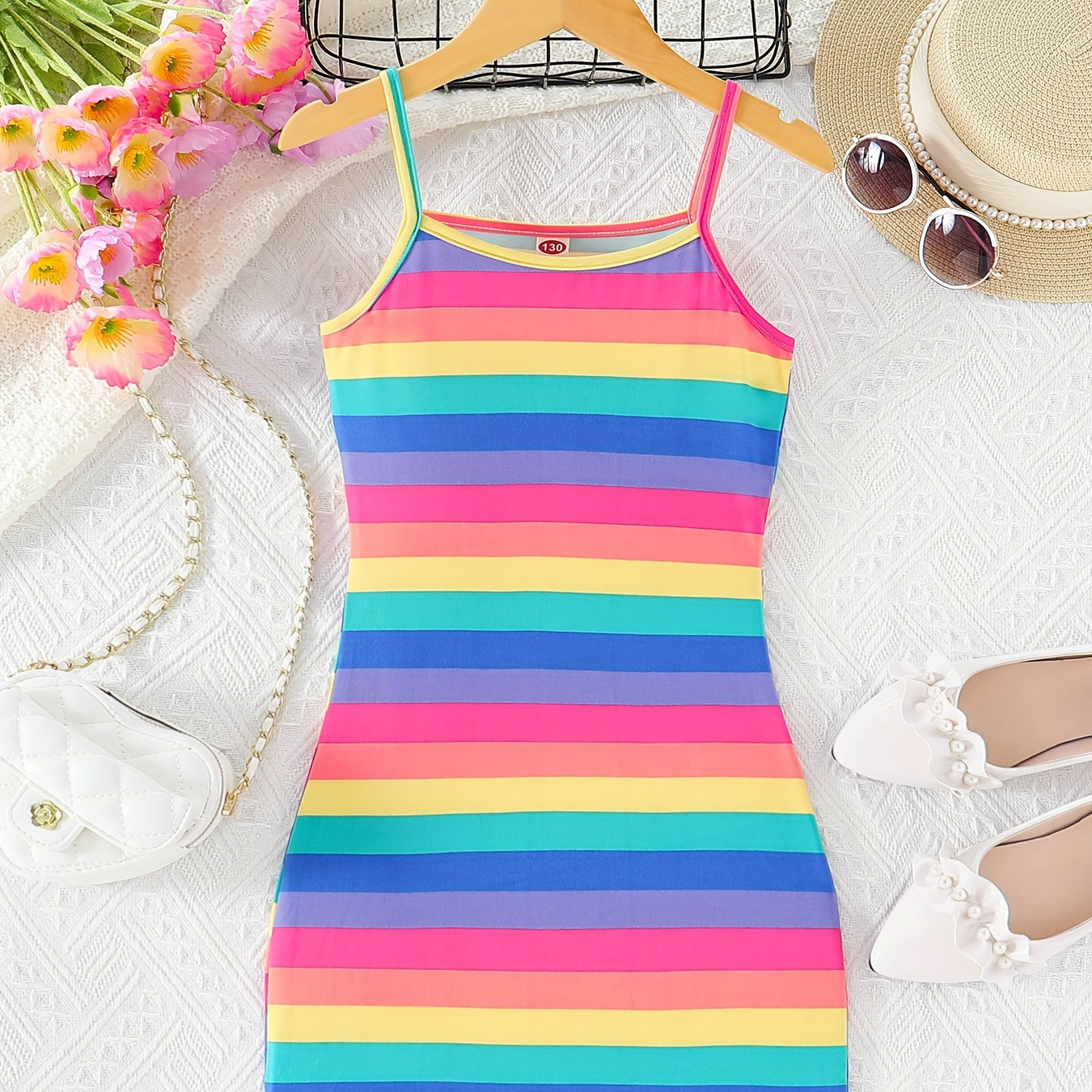 

Girl's Colorful Stripe Dress Slim Fit Spaghetti Straps Slip Dresses, Summer Gift
