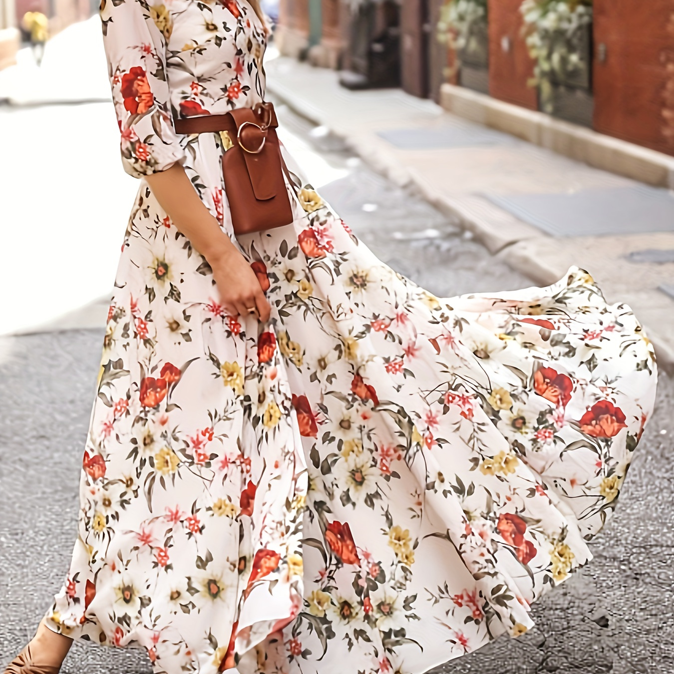 

Floral Print Half Sleeve A-line Dress, Elegant Crew Neck Dress For Spring & Summer, Women's Clothing