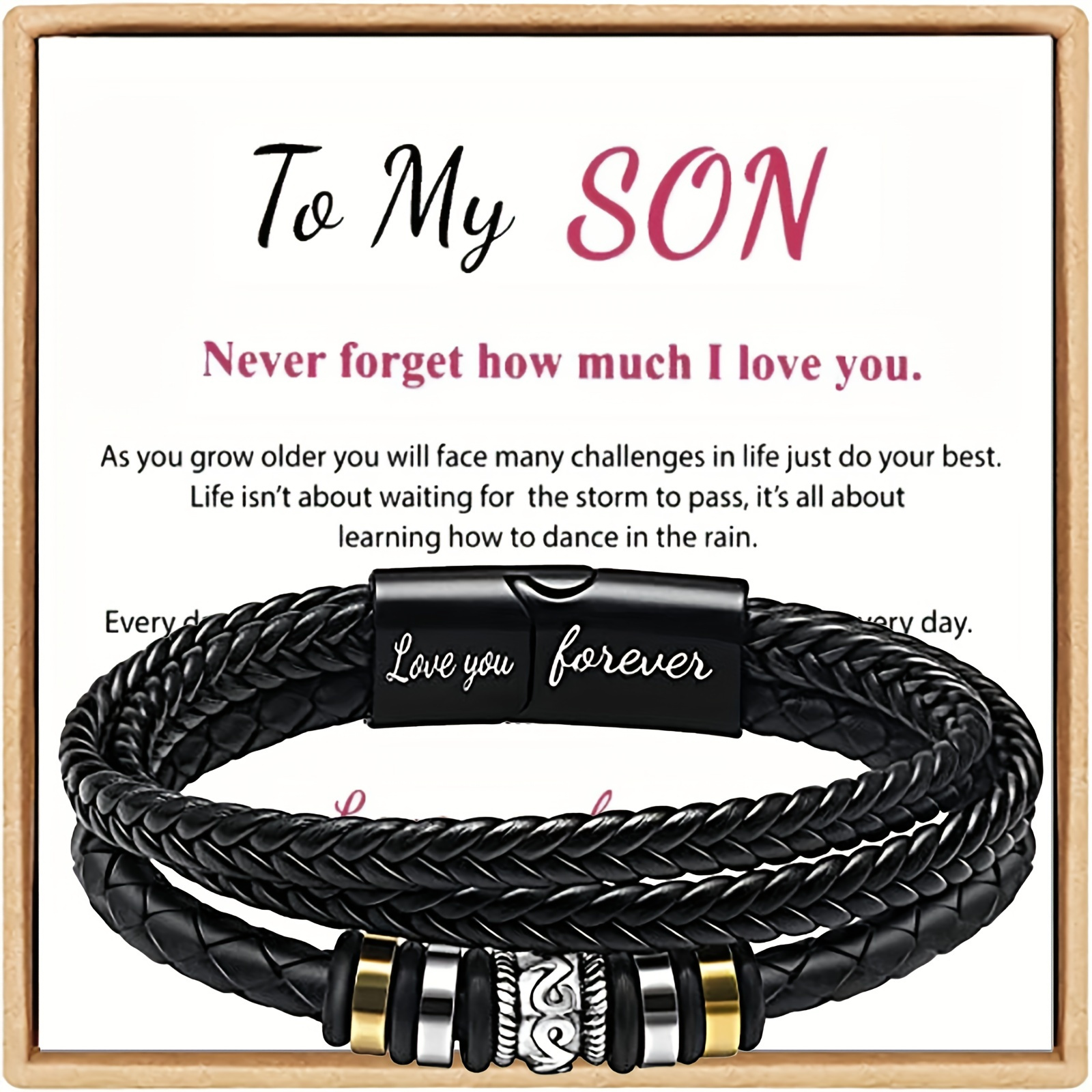 

To My Son/to My Grandson - I Will Always Be With You Braided Pu Leather Bracelet For Men, Stainless Steel Buckle Inspirational Wristband For Son, Men's Braided Pu Leather Bracelet Bangle