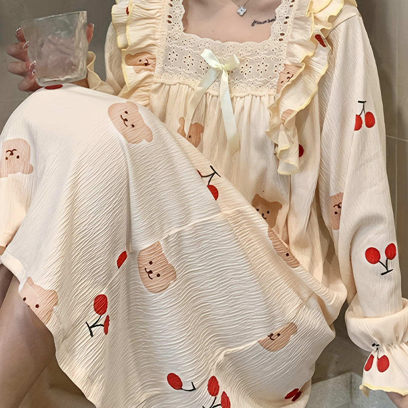 

Cute Bear & Cherry Print Nightdress, Ruffle Trim Flounce Sleeve Square Neck Sleep Dress, Women's Sleepwear & Dresses