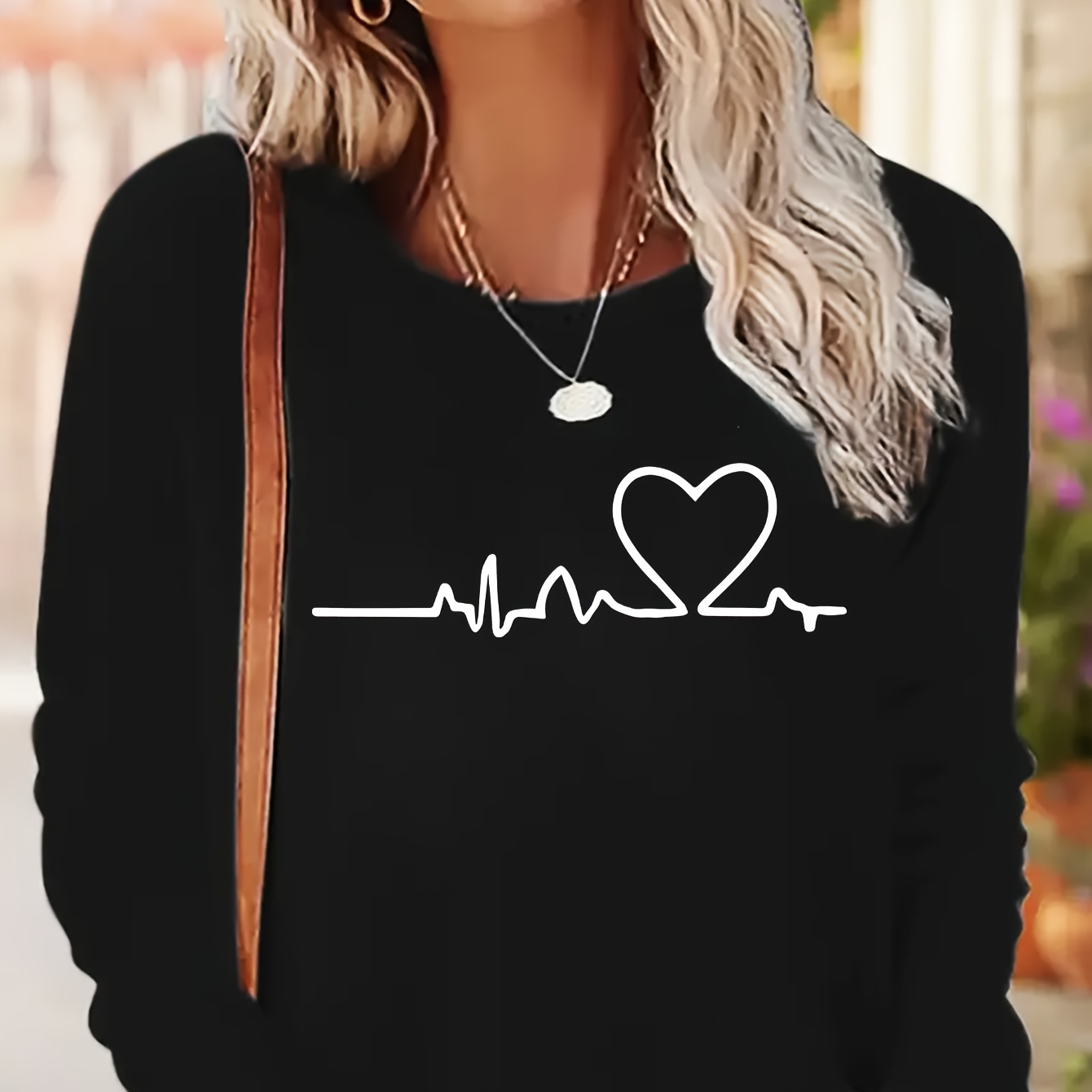 

Women's Casual Crew Neck Long Sleeve T-shirt With Heartbeat And Love Applique, 100% Polyester Knit Fabric, Regular Length, All Season Wear