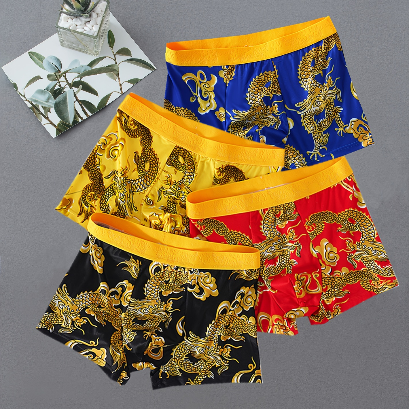 

Lot de 4 boxers pour hommes avec motif dragon, confortables et respirants, idéaux pour la maison, cadeaux du Nouvel An