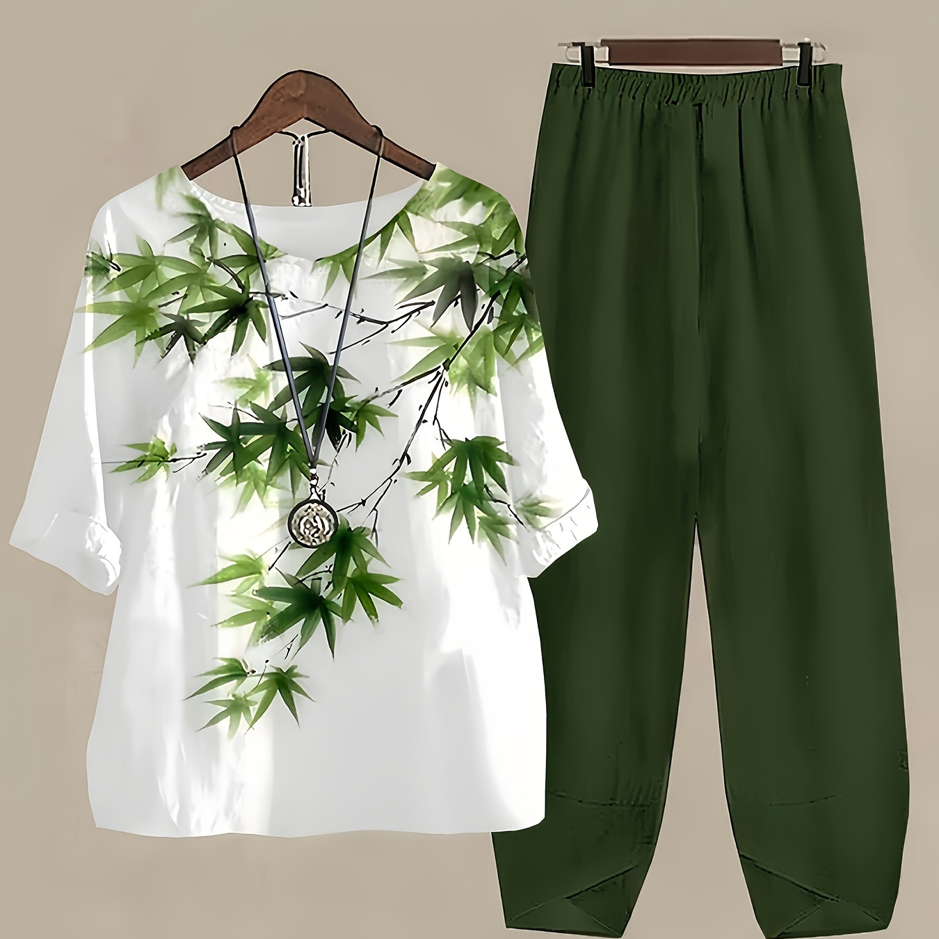 

Bamboo Print Two-piece Set, Casual Short Sleeve T-shirt & Fitted Bottom Pants Outfits, Women's Clothing