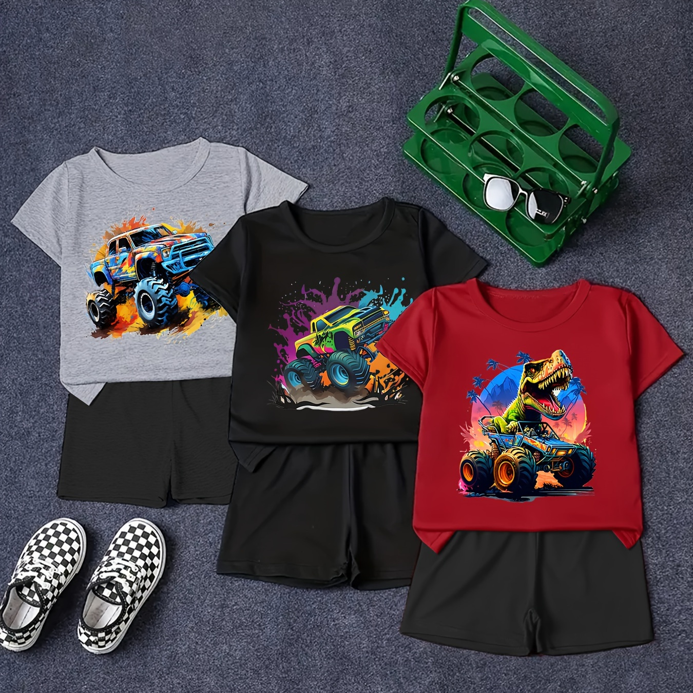 

3 Sets Boy's Cool Truck Pattern 2pcs Casual Outfit, T-shirt & Shorts Set, Boy's Clothes For Summer