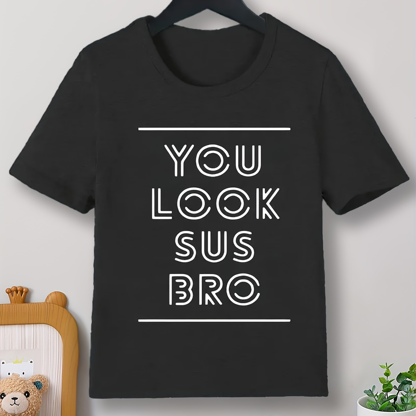 

Kids Boys' Casual Crew Neck T-shirt, "you Look Sus Bro" Print, -friendly Polyester-spandex , Breathable Short Sleeve Top For Spring/summer/fall