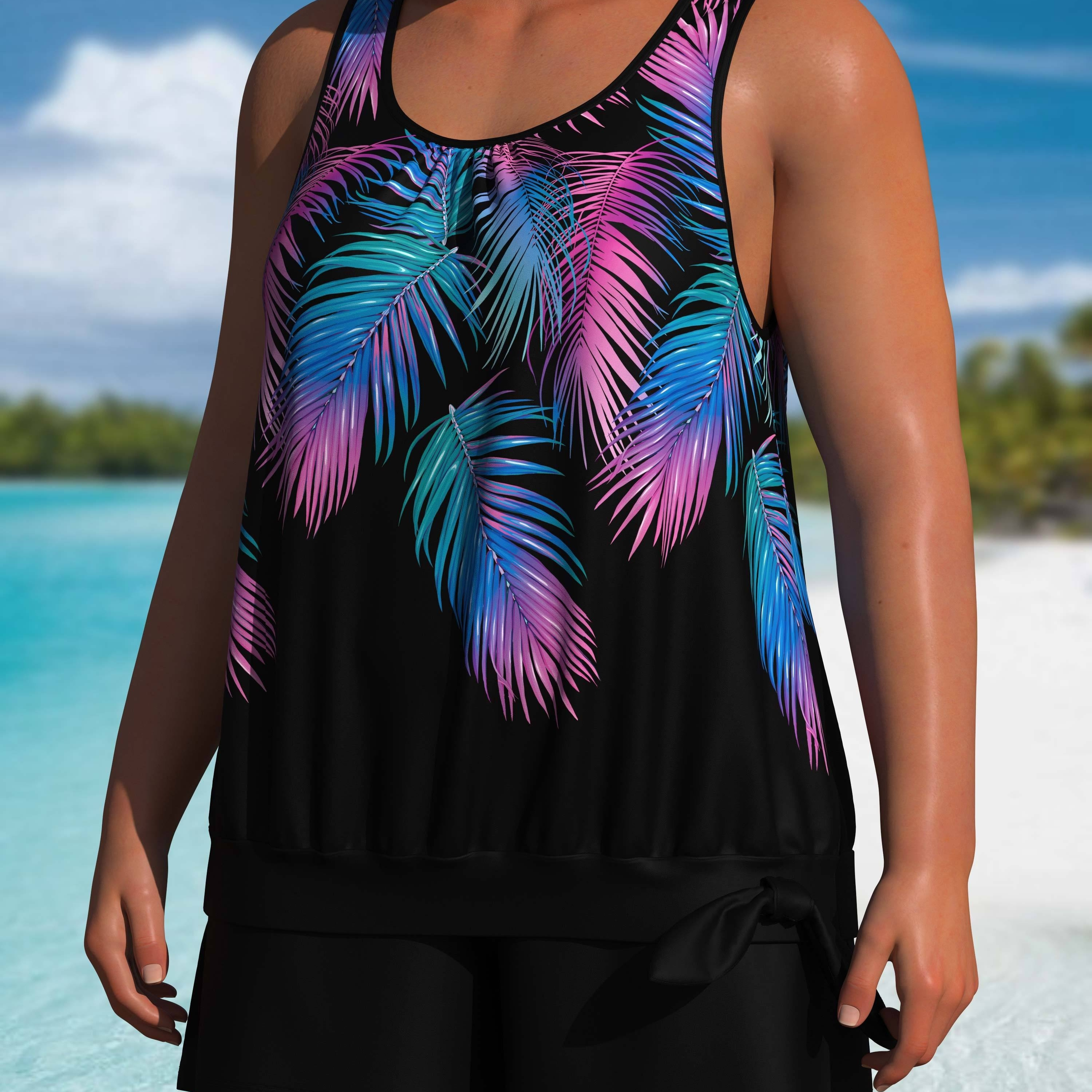 

Plus Size Tankini Set, Tropical Plant Print, Casual Style, Two-piece Swimsuit With Swim Shorts, Women's Plus Size Swimwear