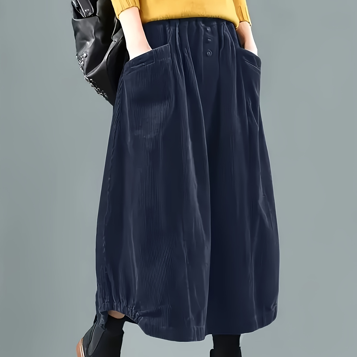 

Elegant Corduroy Midi Skirt With Pockets - Chic High-waisted Design, Machine Washable Polyester, Ideal For Spring/summer/fall Fashion, Summer Midi Skirt|simple Elegant Style|stretchable Fabric