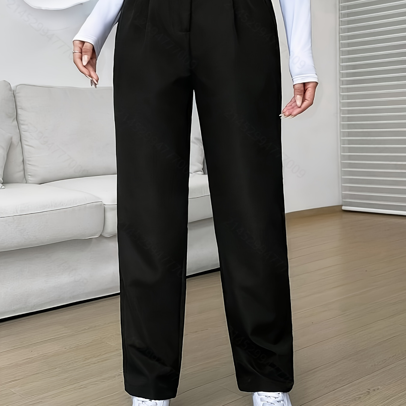 

Pantalon Décontracté Élégant à Taille Haute Noir à Jambe Droite pour Femmes - Polyester, Lavable en Machine, Tissu Non Extensible pour Printemps/Été/Automne