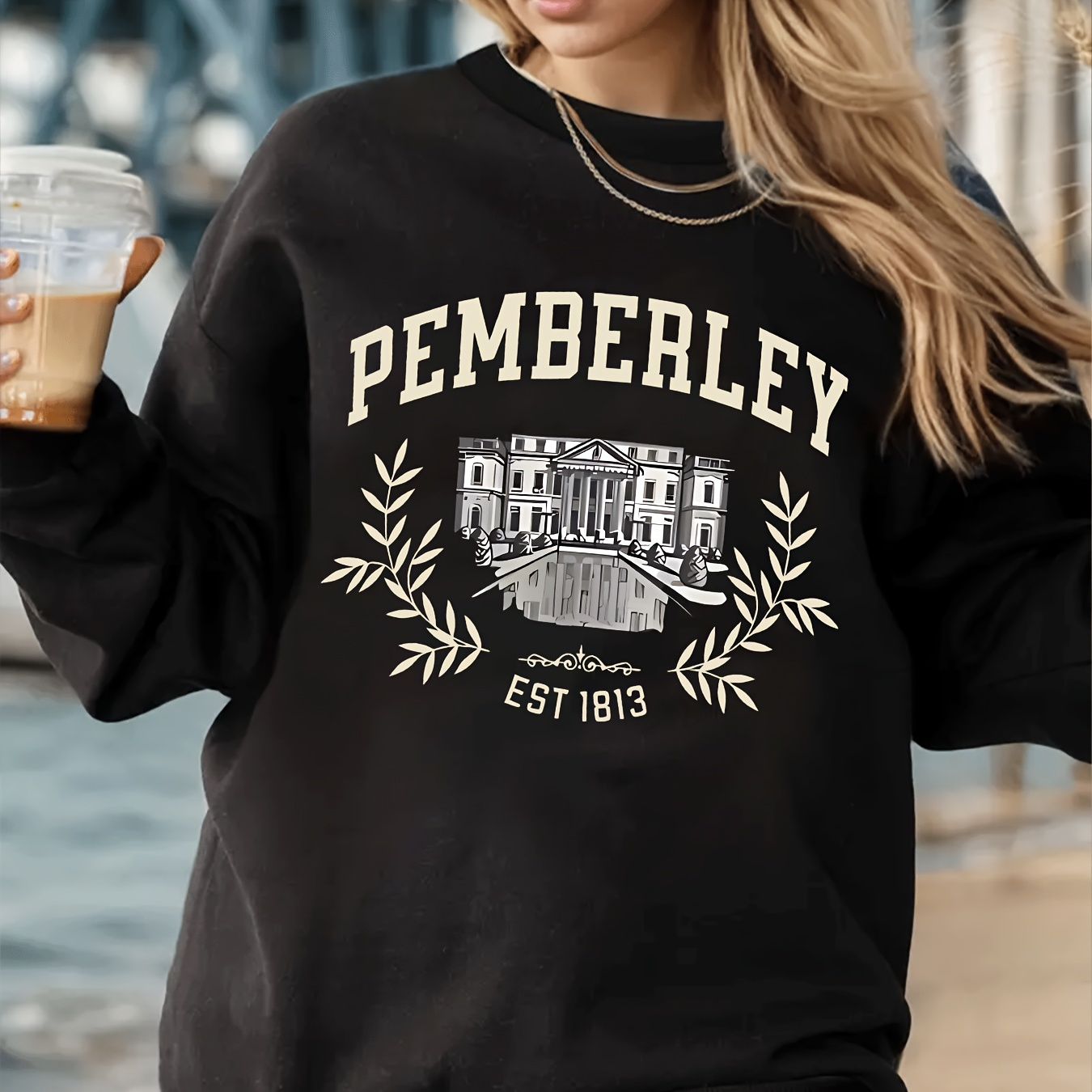 

Est 1813 Women's College-inspired Sweatshirt: Black With Pink And White Lettering And Print