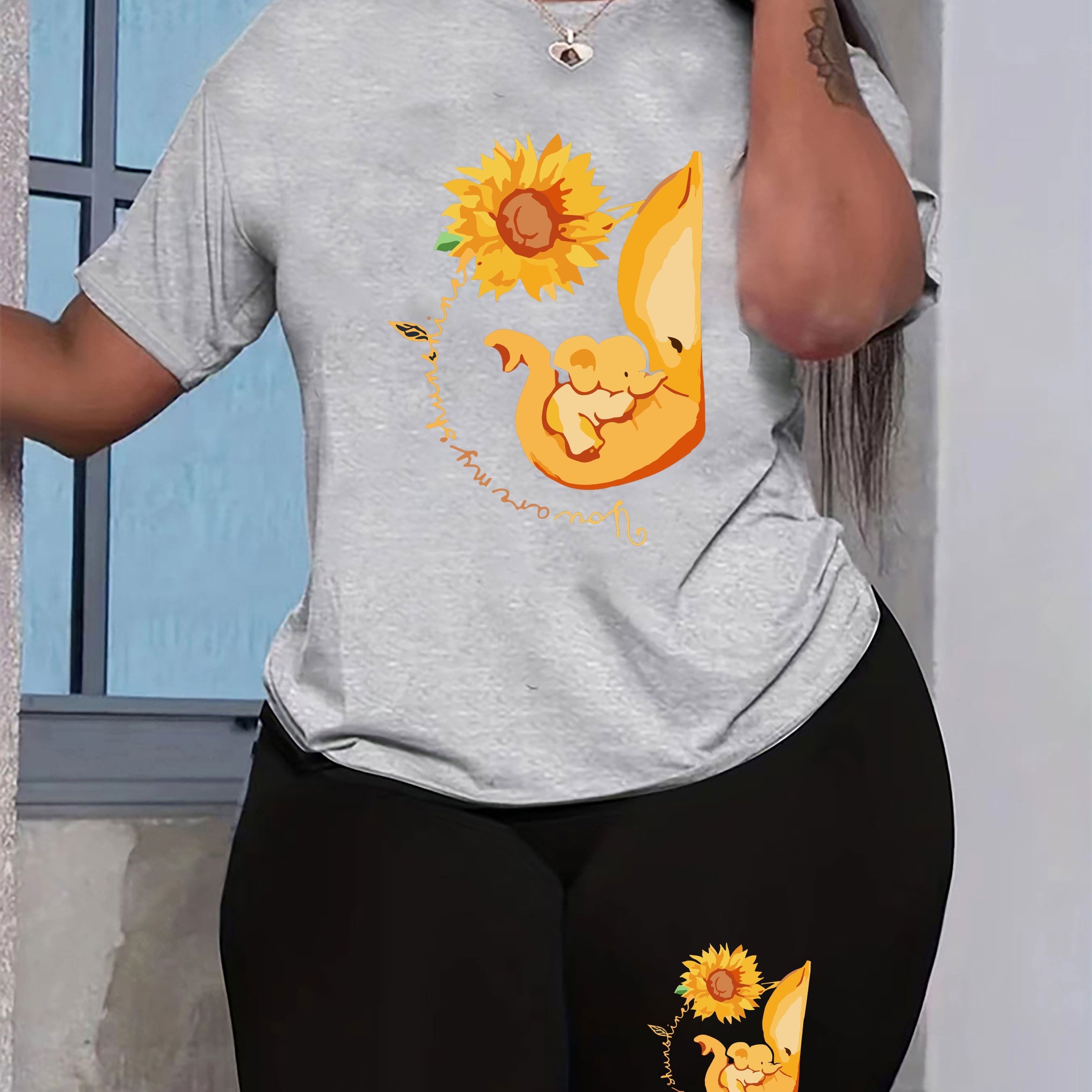 

Plus Size Flower & Elephant Print Two-piece Set, Crew Neck Short Sleeve Top & Shorts Outfits, Women's Plus Size Clothing