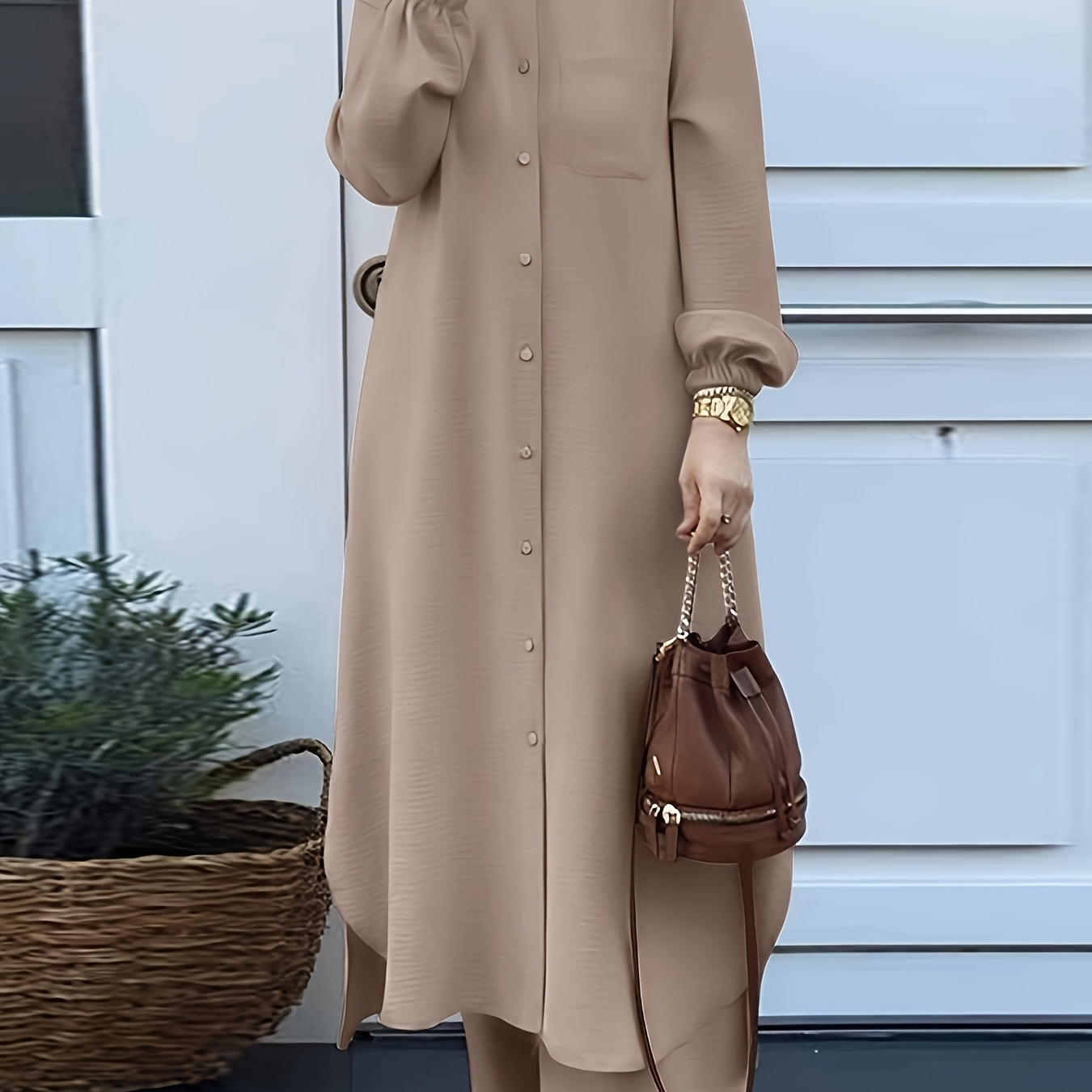 Completo da 2 pezzi per donna musulmana in stile arabo con maglia a maniche lunghe tinta unita e pantaloni lunghi a gamba larga