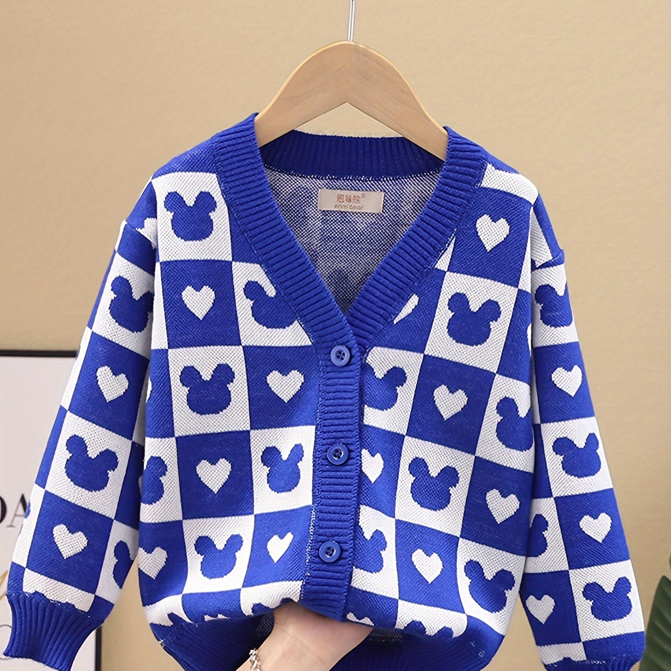 

Kids Checked Cardigan With Heart Pattern, Boys Casual Knit Sweater, Boys Stylish Spring And Autumn Outerwear