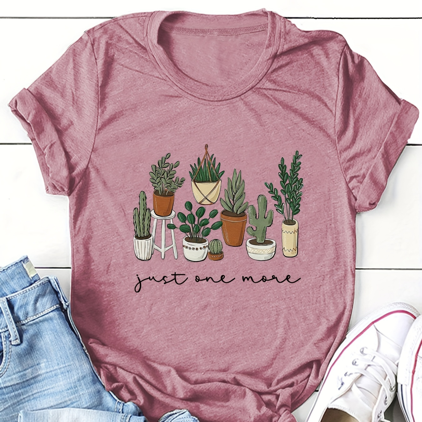 

T-Shirt Imprimé Cactus Et Lettres, T-Shirt À Manches Courtes À Col Rond, Hauts Décontractés De Tous Les Jours, Vêtements Pour Femmes