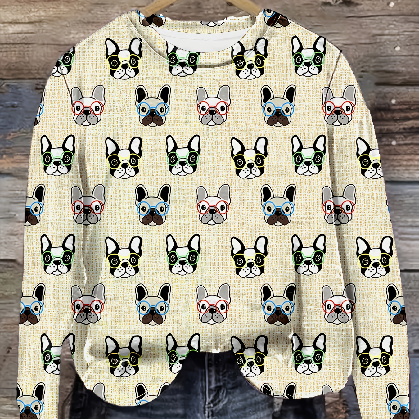 

1pc Women's Casual Crew Neck Long Sleeve Top With French Bulldog Print, Polyester Knit Fabric, Animal Pattern, Regular Length For Spring/fall