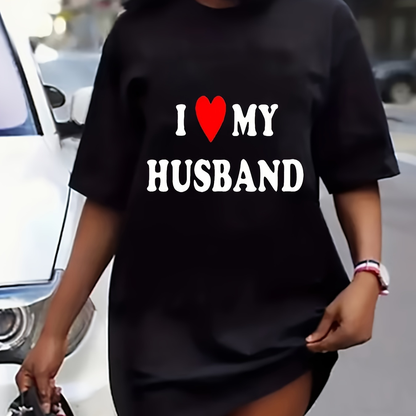 

I Love My Husband Print Dress, Short Sleeve Crew Neck Casual Dress For Summer & Spring, Women's Clothing
