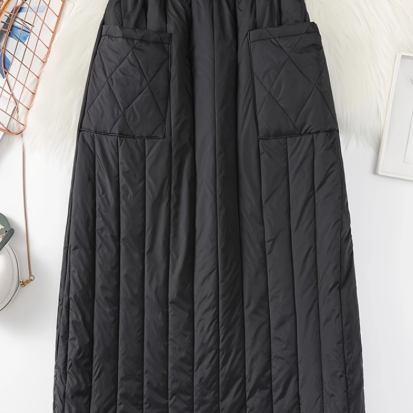 

Women's Casual Quilted Long Skirt With Pockets, 100% Polyester, Solid Color, Woven Fabric, Regular Fit, 100gsm Weight, Fall/winter , 100gsm - Stylish And Practical